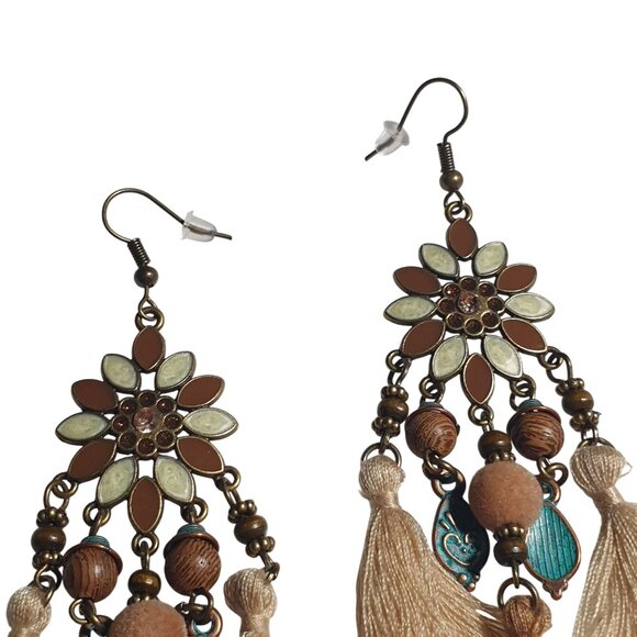 Boho Earrings Tassel Design Flower Beads Multicolor Bronze Hook Lightweight Gift - Picture 2 of 5